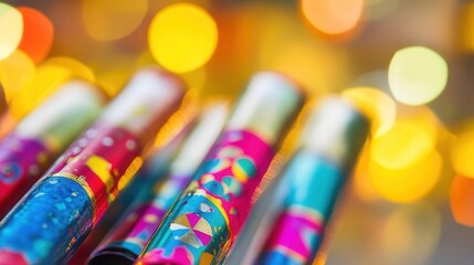 New Years noisemakers with vibrant designs, dynamic energy, festive party vibe