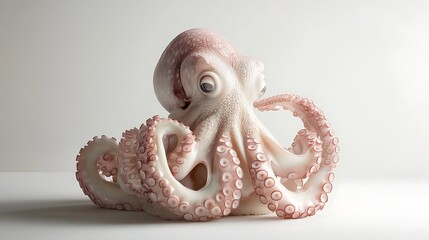 A close-up of a small, pink octopus with large, round eyes on a white background.