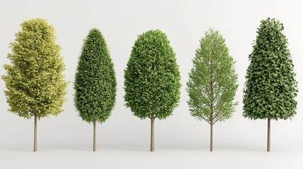 3D Render of Five Lush Green Trees with Different Shapes for Landscape Design