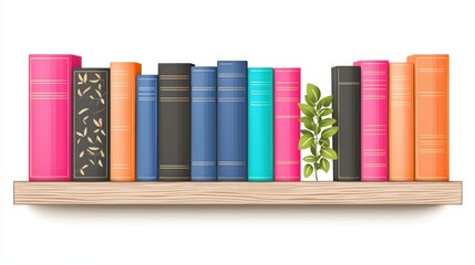 Naklejka premium Colorful Books on Wooden Shelf with Green Plant Library Decor Reading Room Home Office