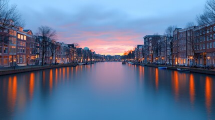 Naklejka premium Romantic Dutch Canal City Sunset with Reflections