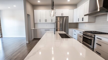 Minimalist kitchen design with glossy white cabinets,