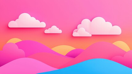 Colorful Sunset Landscape with Paper Clouds   3D Illustration