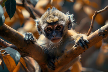 A curious young monkey with large expressive eyes peers from a branch, surrounded by warm foliage. The scene captures a moment of innocent exploration.