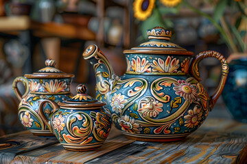 Beautiful hand-painted ceramic teapot set featuring intricate floral designs, perfect for adding a touch of elegance to any tea gathering.