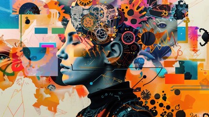 3D collage representing a person's creative mind interacting with AI machine tools