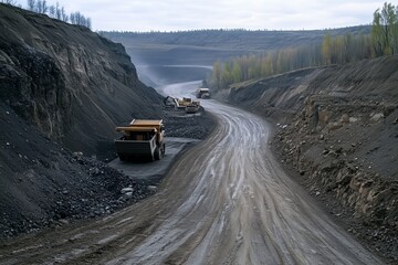 Fototapeta premium Industrial Quarry Landscape Heavy Machinery in Action