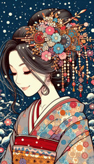 日本画（Japanese painting）／美人画　美女　着物　anime　イラス