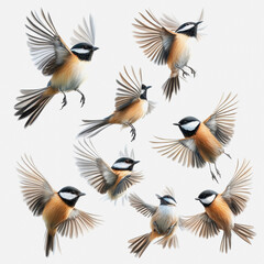 Fototapeta premium Detailed Illustration of Various Birds in Flight Isolated on White Background, Showcasing Unique Feather Patterns and Natural Colors for Artistic Use