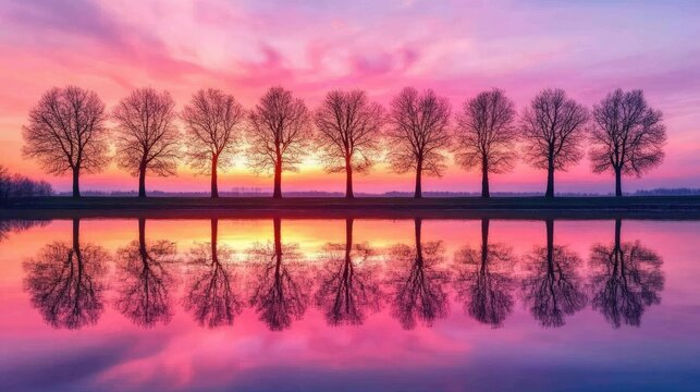 tree silhouettes with perfect reflection in calm water surface on a winters evening with pink clouds. 