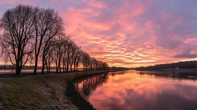 tree silhouettes with perfect reflection in calm water surface on a winters evening with pink clouds. 