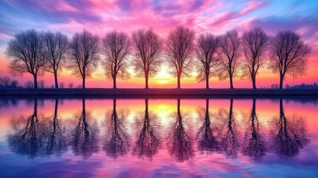 tree silhouettes with perfect reflection in calm water surface on a winters evening with pink clouds. 