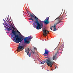 Obraz premium Stunning Illustration of Colorful Birds in Flight Isolated on a White Background, Perfect for Animal-Themed Projects and Nature Artwork