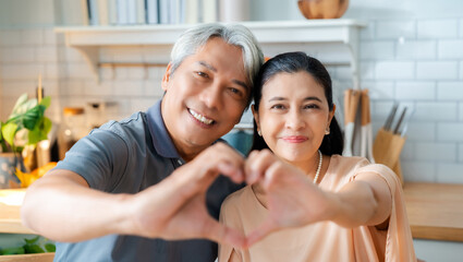 Fototapeta premium Happy, love and a senior Asian couple with a selfie for a memory. Smile, affection and an elderly man taking a photo with a woman for memories, friendship or happiness