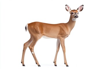 the beside view baby White-tailed Deer standing, left side view, low angle, white copy space on right, Isolated on White Background