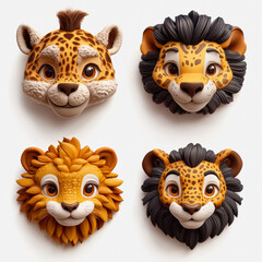 Fototapeta premium Adorable and Colorful Cartoon Animal Portraits Featuring Cute Lions and Leopards in Illustrations for Fun, Whimsical Decor on White Background