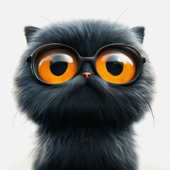 Fototapeta premium Adorable Illustration of a Cute Black Cat with Big Orange Eyes and Glasses Sitting Isolated on a White Background Perfect for Animal Portraits
