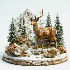 Realistic Illustration of a Deer in a Scenic Forest Setting with Snow-Covered Trees and Rocky Terrain Isolated on a White Background