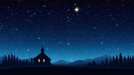 Naklejka premium Night Sky with Bright Star over Cabin and Mountains