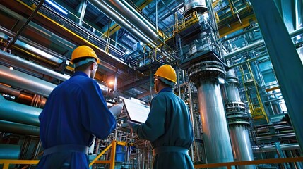 Two Industrial Workers in a Large-Scale Factory Setting