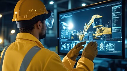 Construction Worker Examining Excavator Design on a Computer Screen