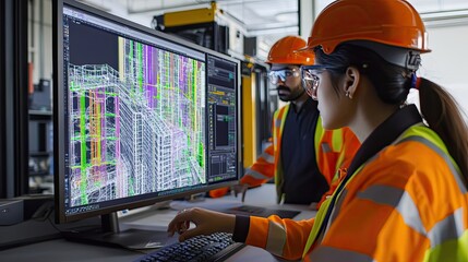 Woman in Hard Hat Using Computer to Analyze 3D Building Model