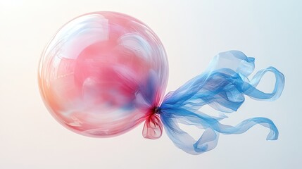 Obraz premium A pink and blue balloon with a blue ribbon, floating on a white background.