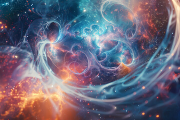Fototapeta premium An abstract representation of a cosmic nebula, featuring vibrant colors of blue, orange, and white swirling together in a stunning display.