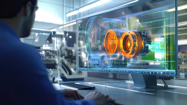 A Man Working on a Computer with a 3D Model of a Machine Displayed on Screen