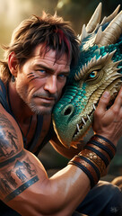 A man holds a dragon in his hands.