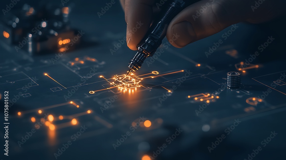 Poster A close-up of a hand soldering on a circuit board, with glowing components illuminating the workspace in a dark setting.