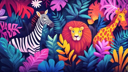 Obraz premium A cartoon safari adventure with bright, colorful animals