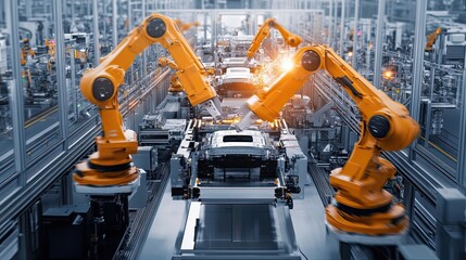 Industrial Robots Assembling a Car on a Manufacturing Line