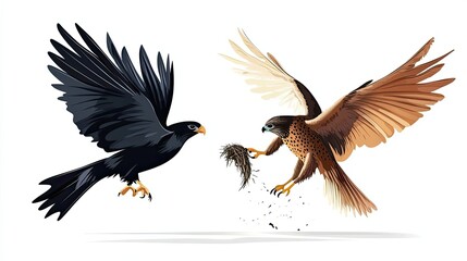 Fototapeta premium Two Birds in Flight, One Carrying a Nest in Its Talons