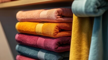 A close-up of terry towels in vivid colors, perfectly folded