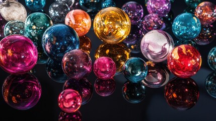 A cluster of colorful liquid bubbles floating freely,