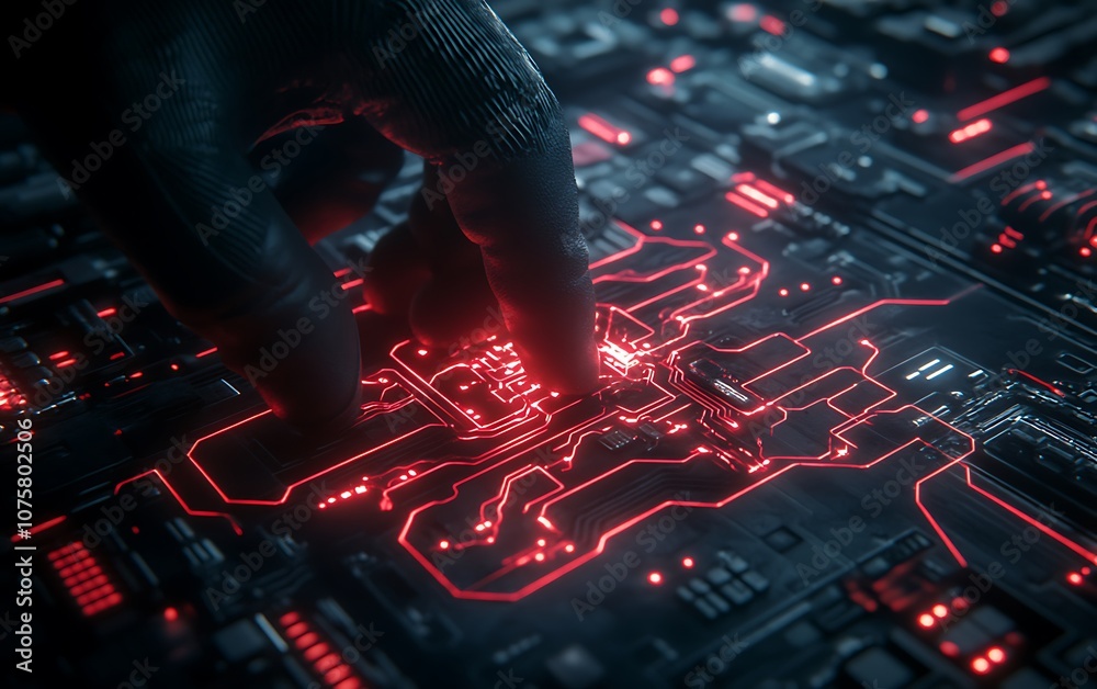 Poster A dark, high-tech image featuring a gloved hand touching a glowing red circuit board, symbolizing technology and digital interaction.