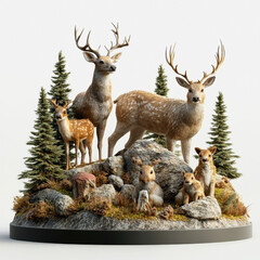 Stunning Illustration of Wild Animals in Nature Surrounded by Greenery and Rocky Terrain Featuring Deer, Fawns, and Forest Elements for Stock Use