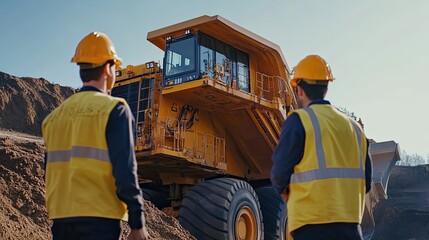 Two Construction Workers Standing by a Large Yellow Mining Truck
