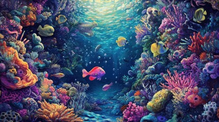 Fototapeta premium A colorful cartoon underwater world filled with playful fish,