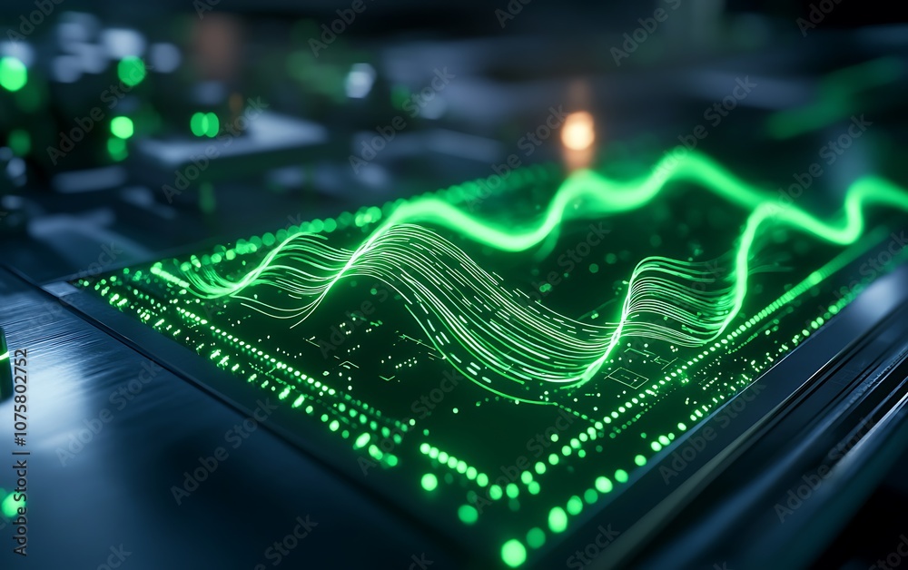 Poster A glowing green waveform displayed on a digital screen, showcasing intricate patterns and high-tech design.