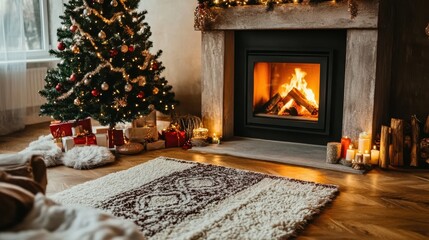 A cozy living room scene with a roaring fireplace,