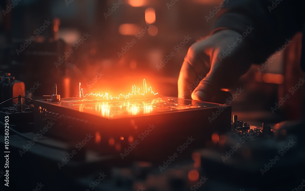 Poster A hand adjusting a glowing device with intricate circuits, set in a dimly lit environment, evoking a sense of technology and innovation.