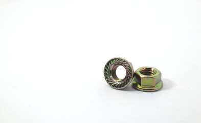different viewpoints of 2 flange nuts joined together on a white background. Part for mechanical or woodworking work.