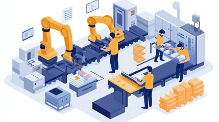 Automated Factory Production Line with Workers and Robots