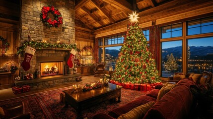 Naklejka premium A cozy living room with soft lighting, a large Christmas tree