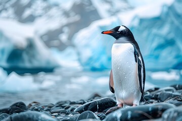 Fototapeta premium Penguin in a stunning Antarctic setting with icebergs, capturing the essence of wildlife and the serene icy landscape