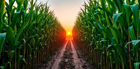 a corn plantation with a clear dirt path running alongside it