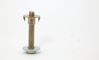 Front view in standing position of a washer and a tee nut attached to a bolt on a white background. Component part of mechanical or woodworking.