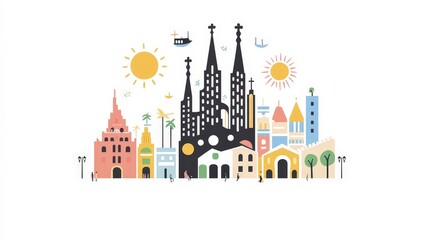 Colorful Illustrative Skyline with Iconic Landmarks and Nature Elements Representing a Vibrant Cityscape in a Modern Artistic Style